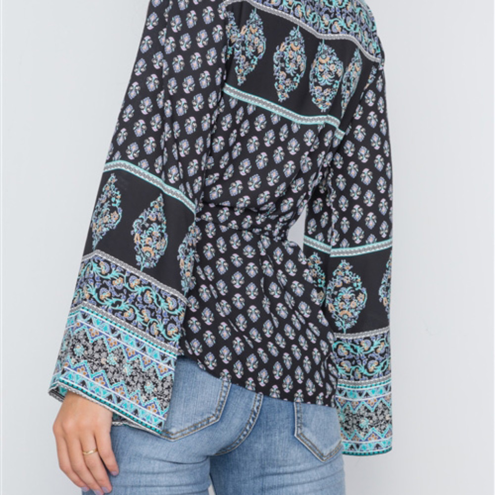 Long Kimono Sleeves Boho Wrap Top - Picture 3 of 7